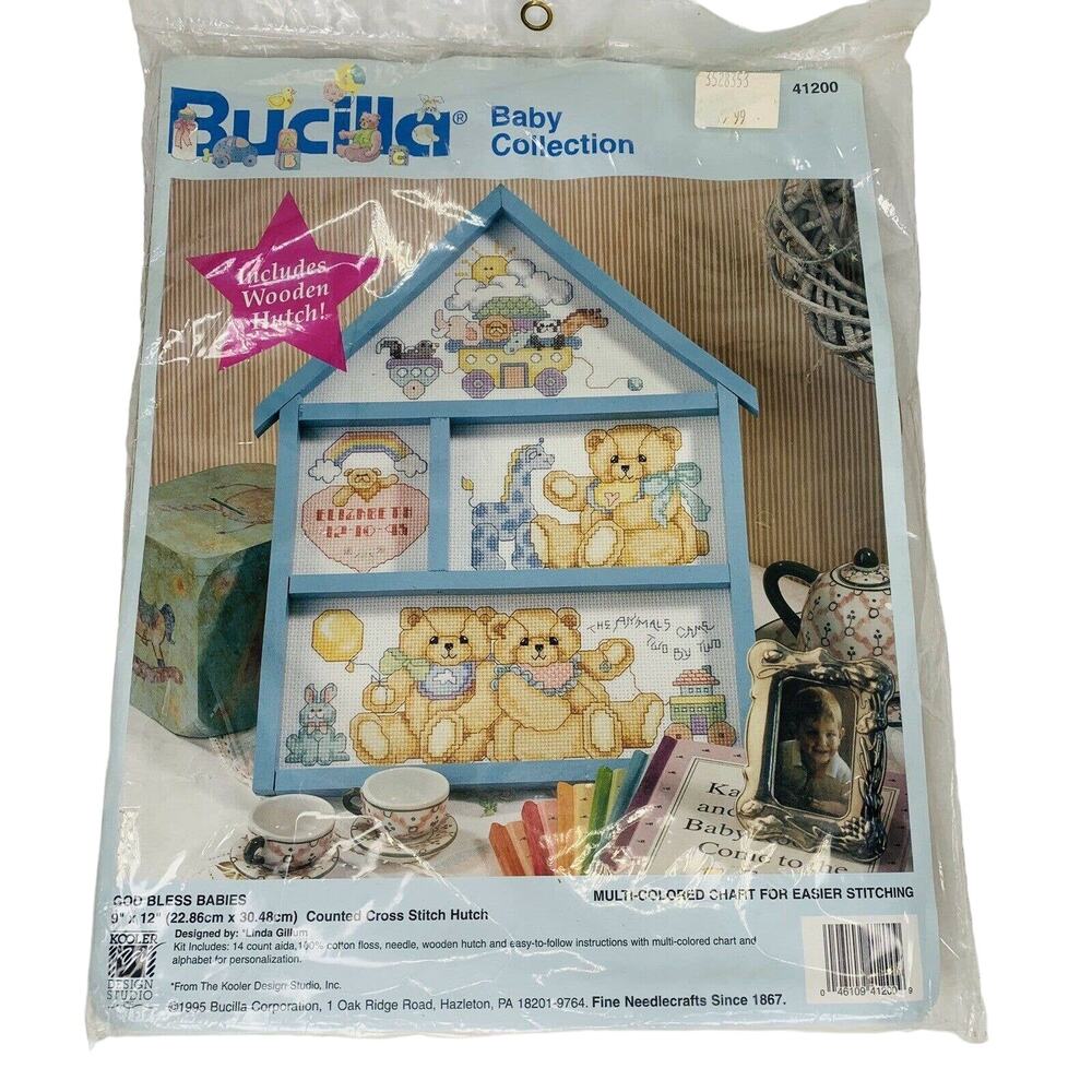 BUCILLA Baby Collection God Bless Babies Bear Cross Stitch Kit Hutch 9 x 12 New